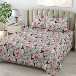 DE CAMA Green & Red Floral 300 TC Pure Cotton King Bedsheet With 2 Pillow Covers-image-58