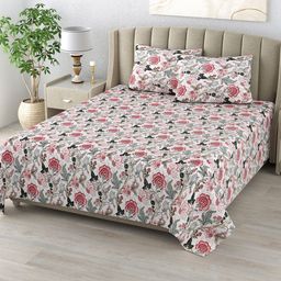DE CAMA White & Red Floral 300 TC Pure Cotton King Bedsheet With 2 Pillow Covers-image-82