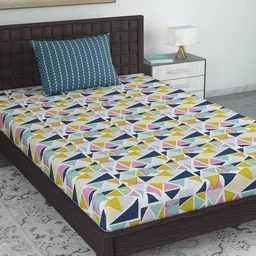 Divine Casa White & Pink Geometric 120 TC Single Bedsheet with 1 Pillow Cover-image-68
