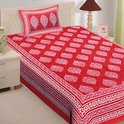 UNIBLISS Red & White Ethnic Motifs 144 TC Cotton 300 GSM Single Bedsheet With Pillow Cover-image-1