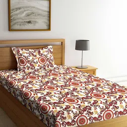 Arrabi Brown & White Ethnic Motifs 300 TC Single Bedsheet with 1 Pillow Covers-image-94