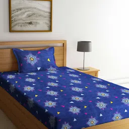 Arrabi Blue & Pink Ethnic Motifs 300 TC Single Bedsheet with 1 Pillow Covers-image-92