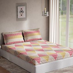 DDecor Gold-Toned & Pink Geometric Cotton 144 TC Queen Bedsheet With 2 Pillow Covers-image-73
