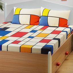 Smartsters White & Blue Geometric Cotton 180 TC Queen Bedsheet With 2 Pillow Covers-image-16