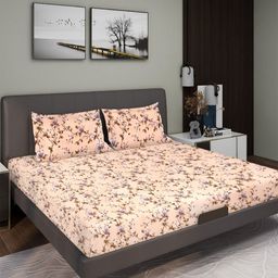 Aura Peach Floral 150 TC Queen Microfiber Bedsheet With 2 Pillow Covers-image-57