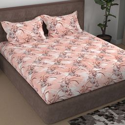 Aura Peach & Brown Floral Printed Cotton 180 TC Queen Bedsheet With 2 Pillow Covers-image-83