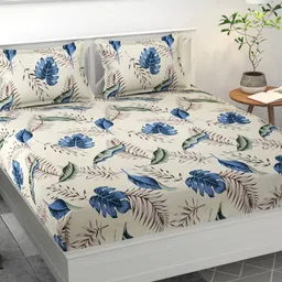 Bajo's Cream & Blue Printed Cotton 300 TC Fitted Queen Bedsheet with 2 Pillow Covers-image-28