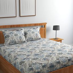 CHHILAKIYA Cream & Blue Floral 300 TC Queen Bedsheet with 2 Pillow Covers-image-86