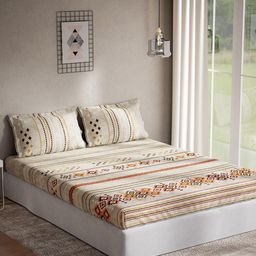 DDecor Beige & Orange Ethnic Motifs Cotton 144 TC Queen Bedsheet With 2 Pillow Covers-7