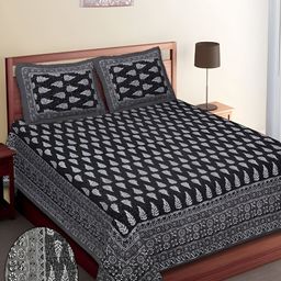Runjhun Black Ethnic Motifs Printed 180 TC Cotton Queen Bedsheet with 2 Pillow Covers-23