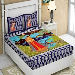 Runjhun Blue & Orange Floral Printed 180 TC Cotton Queen Bedsheet with 2 Pillow Covers-image-26