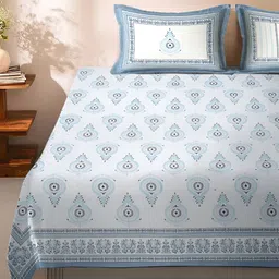 Rajasthan Decor Off White & Blue Ethnic Motifs 180 TC Cotton Bedsheet with 2 Pillow Covers-picture-0