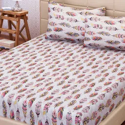 SEJ by Nisha Gupta White & Pink 144 TC Cotton King Bedsheet with 2 Pillow Covers-image-10