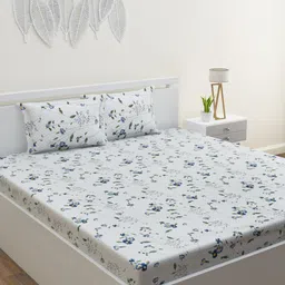 HOME AFFAIRS White & Navy Blue Printed 210 TC Cotton King Bedsheet & 2 Pillow Covers-image-44
