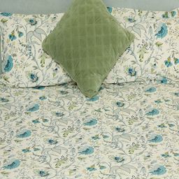 Srijee Decors Off White & Blue Floral 250 TC Fitted King Bedsheet With 2 Pillow Covers-image-33