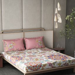 DDecor Pink & Off White Ethnic Motifs 130 TC King Bedsheet with 2 Pillow Covers-picture-20