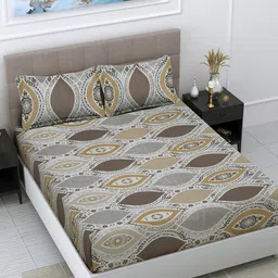 FABINALIV Grey & Brown Ethnic Motifs 300 TC Fitted King Bedsheet with 2 Pillow Covers-84