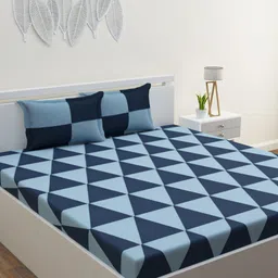 HAPPY HUES Blue & Navy Blue Geometric 104 TC King Bedsheet with 2 Pillow Covers-image-93