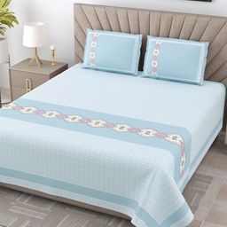 JAIPUR FABRIC Blue & White Ethnic Motifs Cotton 300 TC King Bedsheet With 2 Pillow Covers-image-54