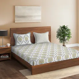 Rajasthan Decor White & Yellow Floral Cotton 160 TC King Bedsheet With 2 Pillow Covers-picture-50