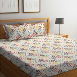Arrabi Cream-Coloured & Red Graphic 300 TC King Bedsheet with 2 Pillow Covers-7