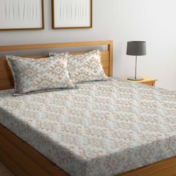 Arrabi Beige & Grey Graphic Printed 300 TC King Bedsheet & 2 Pillow Covers-97