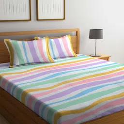 Arrabi Purple & Yellow Striped 300 TC King Bedsheet with 2 Pillow Covers-image-91