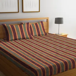 Arrabi Maroon & Green Striped 300 TC King Cotton Bedsheet with 2 Pillow Covers-image-26