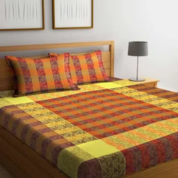 Arrabi Orange & Yellow Floral 300 TC King Cotton Bedsheet with 2 Pillow Covers-image-76
