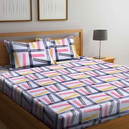 Arrabi White & Grey Geometric 300 TC King Cotton Bedsheet with 2 Pillow Covers-image-47