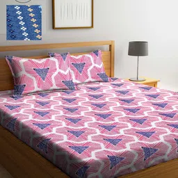Arrabi Pack of 2 Red & Blue Geometric 300 TC 2 King Bedsheet with 4 Pillow Covers-98