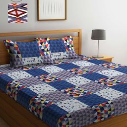 Arrabi Set Of 2 Blue & Grey Geometric 300 TC 2 King Bedsheet with 4 Pillow Covers-12