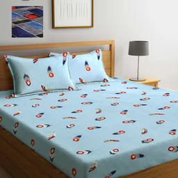 Arrabi Turquoise Blue & Grey Floral 300 TC 2 King Bedsheet with 4 Pillow Covers-16