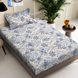 KLOTTHE White & Blue Floral Printed 300TC Single Bedsheet With Pillow Cover-picture-9