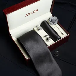 AXLON Set Of 4 Printed Necktie Pocket Square With Cufflink & Flower Pin Accessory Gift Set-16