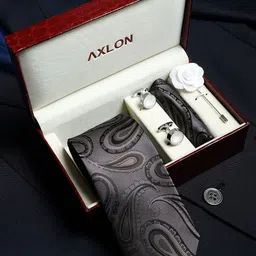 AXLON Set Of 4 Printed Necktie Pocket Square With Cufflink & Flower Pin Accessory Gift Set-2