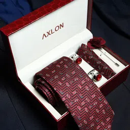 AXLON Men Printed Tie Set With Pocket Square, Cufflink & Flower Pin-30