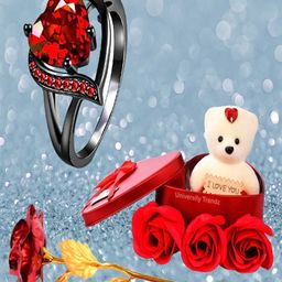 UNIVERSITY TRENDZ Silver-Plated Ring with Artificial Rose and Mini Teddy Combo Set-image-91