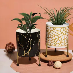 Homspurts 2-Pcs White & Black Printed Eco Friendly Urban Charm Planters-12