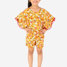 Superminis Girls Mustard & White Printed Pom Pom Detail Cotton Playsuit-image-76