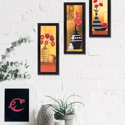 eCraftIndia Set Of 3 Yellow & Pink Decorative Floral Botanical Pot Satin Matt Texture UV Wall Art-image-56