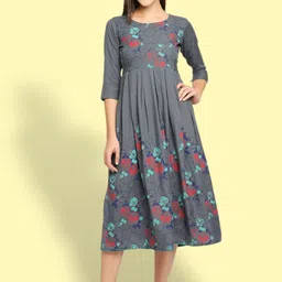 True Shape Floral Printed Round Neck Gathered Maternity Fit & Flare Midi Dress-image-68