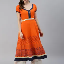 MBE Women Orange & Blue Ethnic Motifs Printed Gotta Patti Block Print Anarkali Kurta-picture-10