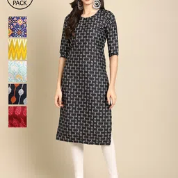 1 Stop Fashion Women Pack Of 6 Multicoloured Geometric Checked Crepe Kurta-image-90