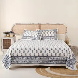 Peepul Tree Off White & Blue Floral Cotton 300 TC King Bedsheet with 2 Pillow Covers-image-80