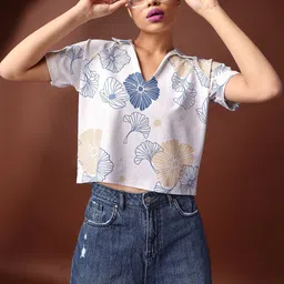 PURVAJA Floral Print Shirt Collar Short  Top-picture-12