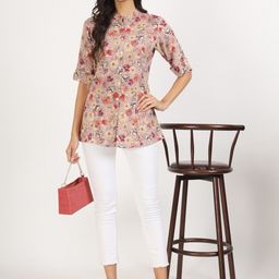 KALINI Floral Printed Mandarin Collar Roll-Up Sleeves Shirt Style Top-image-65
