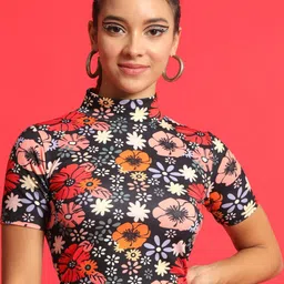 TANDUL Floral Printed High Neck Fitted Crop Top-25