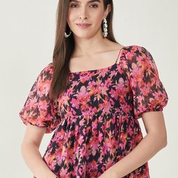 JUNE & HARRY Floral Printed Square Neck Pleated Top-image-55