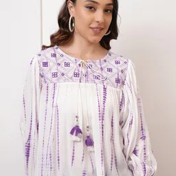 Vishudh Purple Embroidered & Printed Tie-Up Neck High-Low Top-image-13